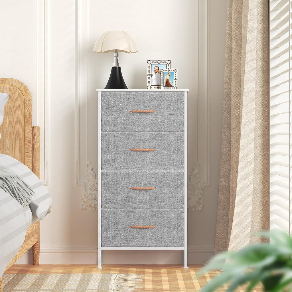 SEDOL 4 Drawer Fabric Chest of Drawers Slim Bedroom Storage Organizer Unit with Wood Top and Anti-Tip Safety System Narrow Tallboy Dresser for Kids Room Hallway and Small Spaces