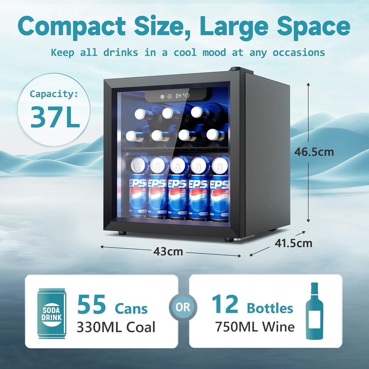 SEDOL Beer Fridge with Glass Door 55 Can Mini Drinks Fridge 36L Beverage Refrigerator with Blue LED Lighting and Removable Shelves for Home Bar Office and Man Cave Black