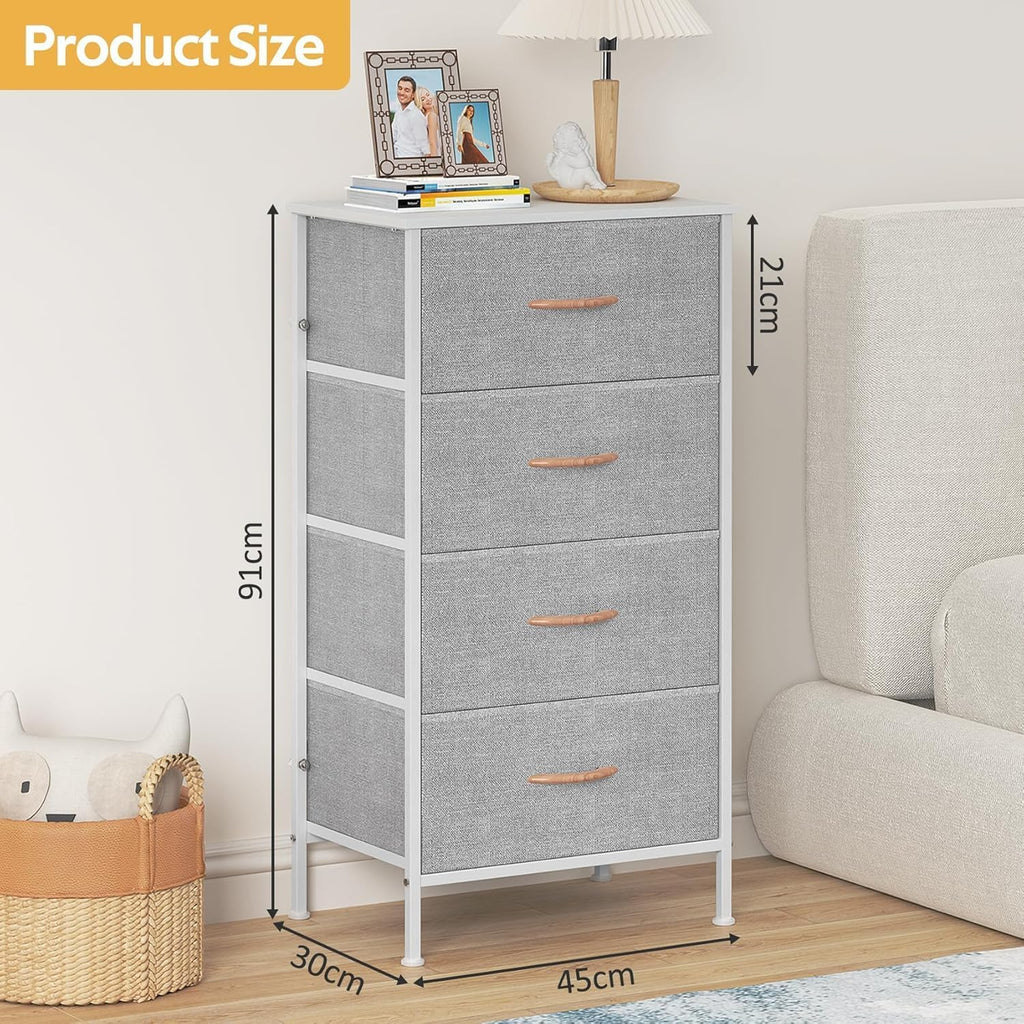 SEDOL 4 Drawer Fabric Chest of Drawers Slim Bedroom Storage Organizer Unit with Wood Top and Anti-Tip Safety System Narrow Tallboy Dresser for Kids Room Hallway and Small Spaces