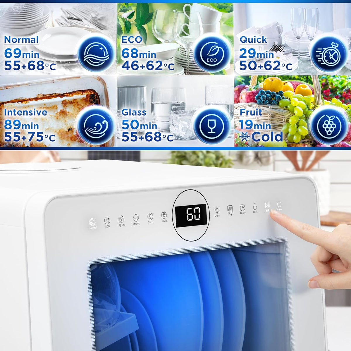 SEDOL Table Top Dishwasher No Plumbing Required 5L Built-In Water Tank Compact Countertop Dish Washer with 8 Wash Cycles and Fruit Wash Feature 950W Portable Mini Dishwasher for Renters RVs and Small Kitchens