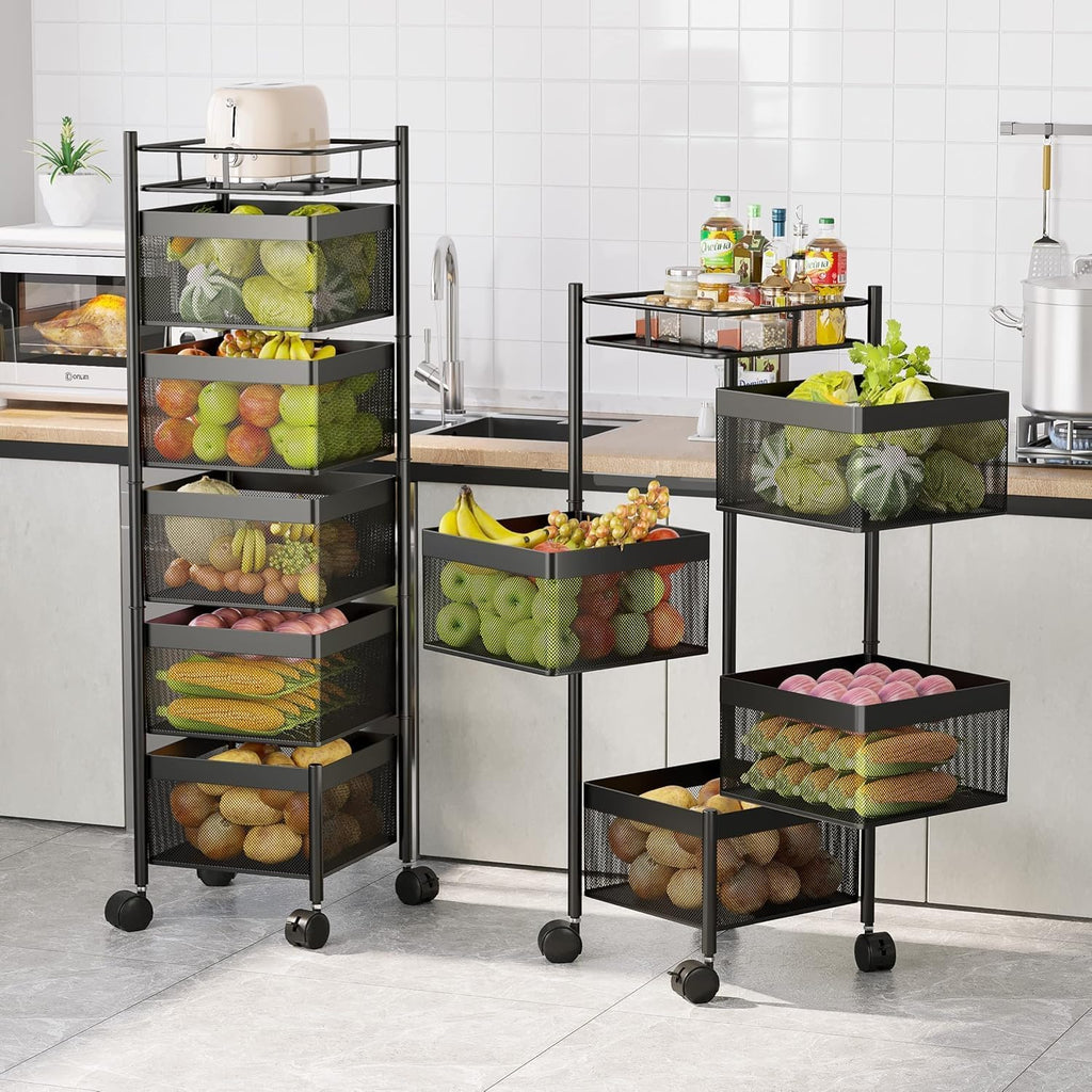 SEDOL 6-Tier Rotating Kitchen Storage Trolley | 94cm Floor Standing Metal Fruit & Vegetable Basket | 180° Swing-Out Mesh Bins with Wheels for Pantry Bathroom and Office