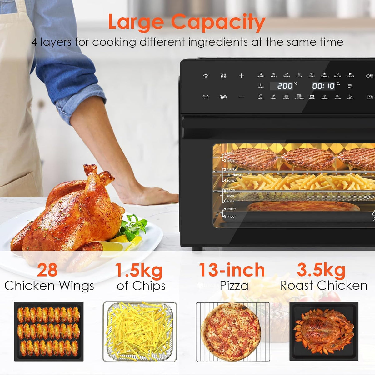 SEDOL 30L Air Fryer Oven XXL with Rotisserie 1800W Digital Countertop Convection Oven 20 Cooking Presets 360° Hot Air Circulation 9 Accessories Included for Whole Chicken and 13 Inch Pizza Black