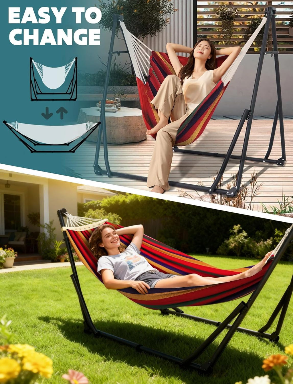 SEDOL 2-in-1 Hammock & Hanging Chair with Foldable Stand | Portable Freestanding Steel Frame Set | Heavy-Duty 200kg Capacity | Breathable Cotton Blend Hammock & Swing Chair for Indoor and Outdoor Relaxation