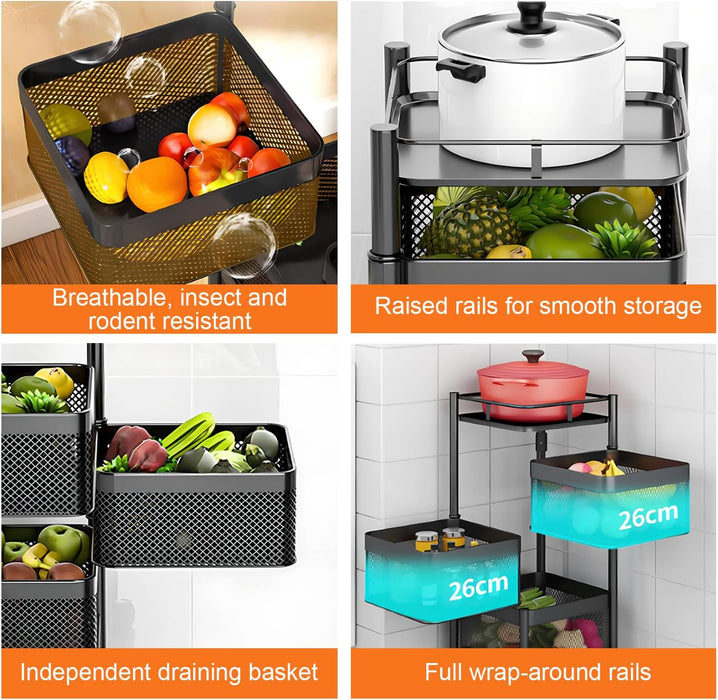 SEDOL 6-Tier Rotating Kitchen Storage Trolley | 94cm Floor Standing Metal Fruit & Vegetable Basket | 180° Swing-Out Mesh Bins with Wheels for Pantry Bathroom and Office