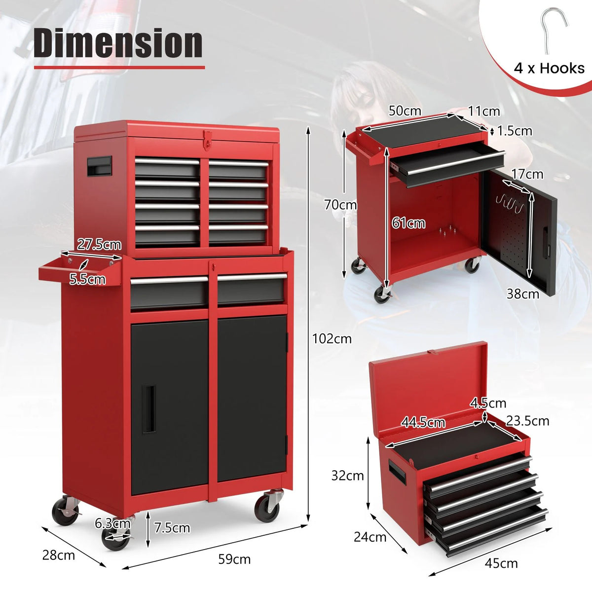 High-Capacity Rolling Tool Cabinet – Lockable Wheels, Metal 2‑in‑1 Chest & Base