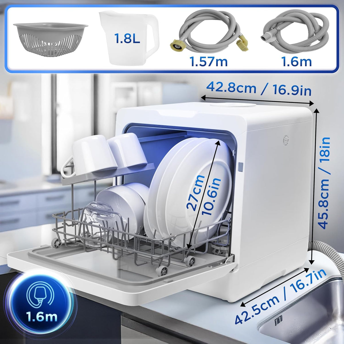SEDOL Table Top Dishwasher No Plumbing Required 5L Built-In Water Tank Compact Countertop Dish Washer with 8 Wash Cycles and Fruit Wash Feature 950W Portable Mini Dishwasher for Renters RVs and Small Kitchens