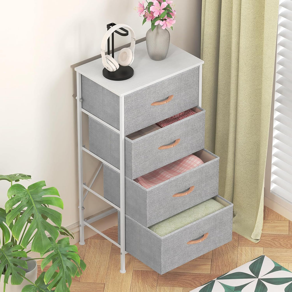 SEDOL 4 Drawer Fabric Chest of Drawers Slim Bedroom Storage Organizer Unit with Wood Top and Anti-Tip Safety System Narrow Tallboy Dresser for Kids Room Hallway and Small Spaces