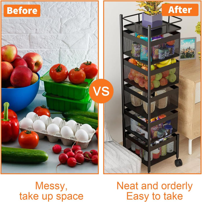 SEDOL 6-Tier Rotating Kitchen Storage Trolley | 94cm Floor Standing Metal Fruit & Vegetable Basket | 180° Swing-Out Mesh Bins with Wheels for Pantry Bathroom and Office