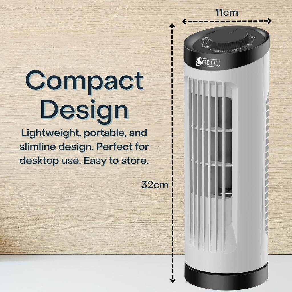 Sedol 13" Portable Mini Tower Fan - 70° Oscillating Fan with 3 Speed Settings