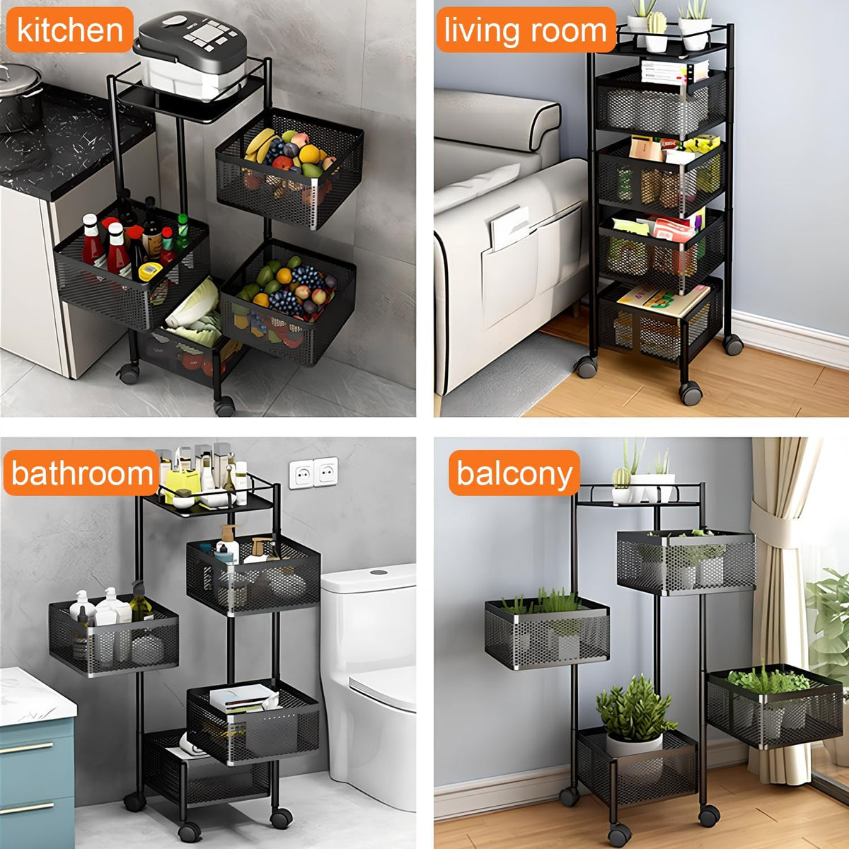 SEDOL 6-Tier Rotating Kitchen Storage Trolley | 94cm Floor Standing Metal Fruit & Vegetable Basket | 180° Swing-Out Mesh Bins with Wheels for Pantry Bathroom and Office