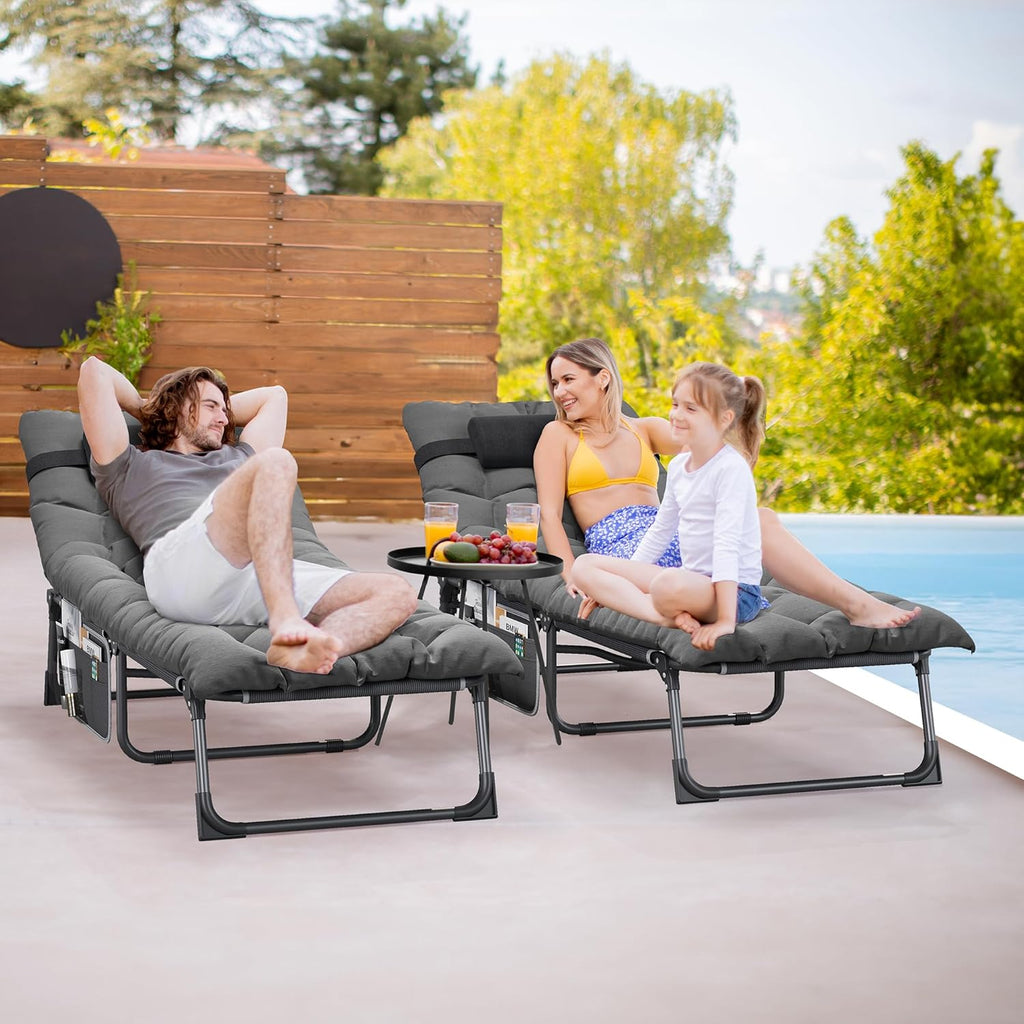 SEDOL Reclining Sun Lounger Set of 2 | 5-Position Adjustable Folding Garden Bed with Sponge-Filled Mattress | Heavy Duty 330lb Capacity Sunbeds with Headrest and Side Storage Pocket Gray