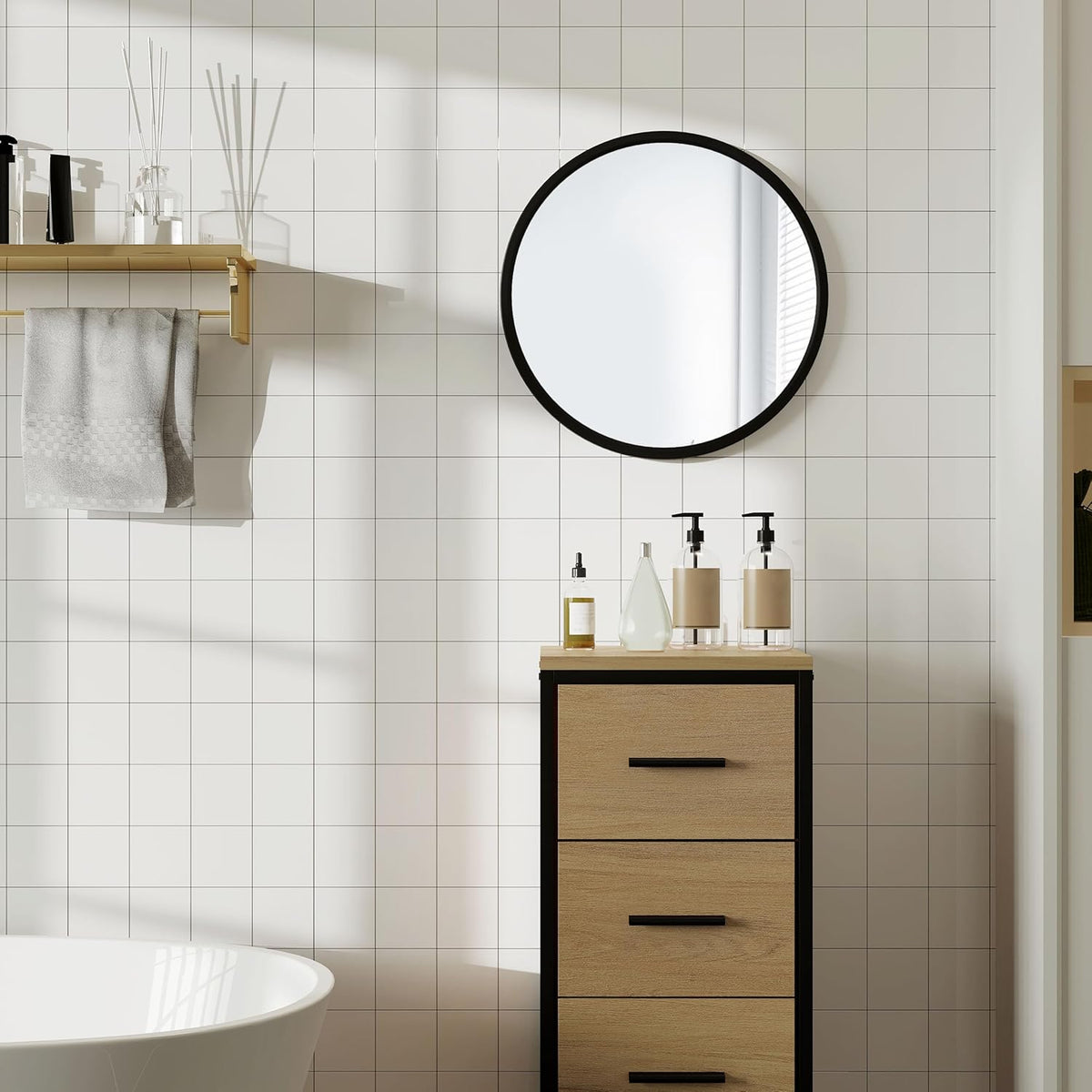 SEDOL 40cm Round Wall Mirror Black Metal Frame Circular Bathroom Vanity Mirror Small Decorative Circle for Bedroom Hallway and Living Room Modern HD Floating Glass Home Decor