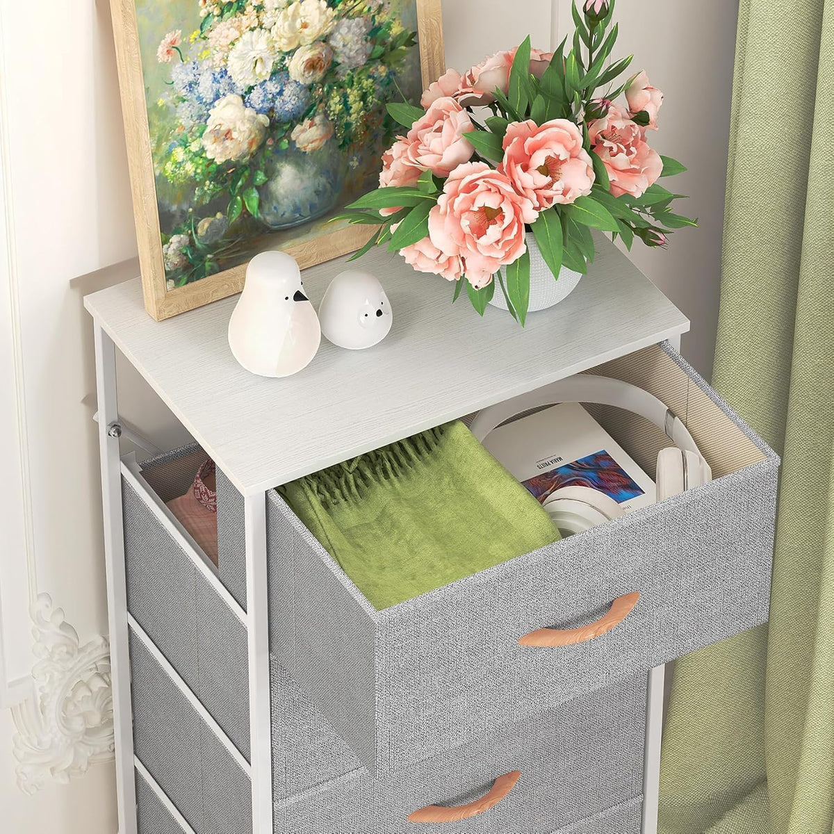 SEDOL 4 Drawer Fabric Chest of Drawers Slim Bedroom Storage Organizer Unit with Wood Top and Anti-Tip Safety System Narrow Tallboy Dresser for Kids Room Hallway and Small Spaces