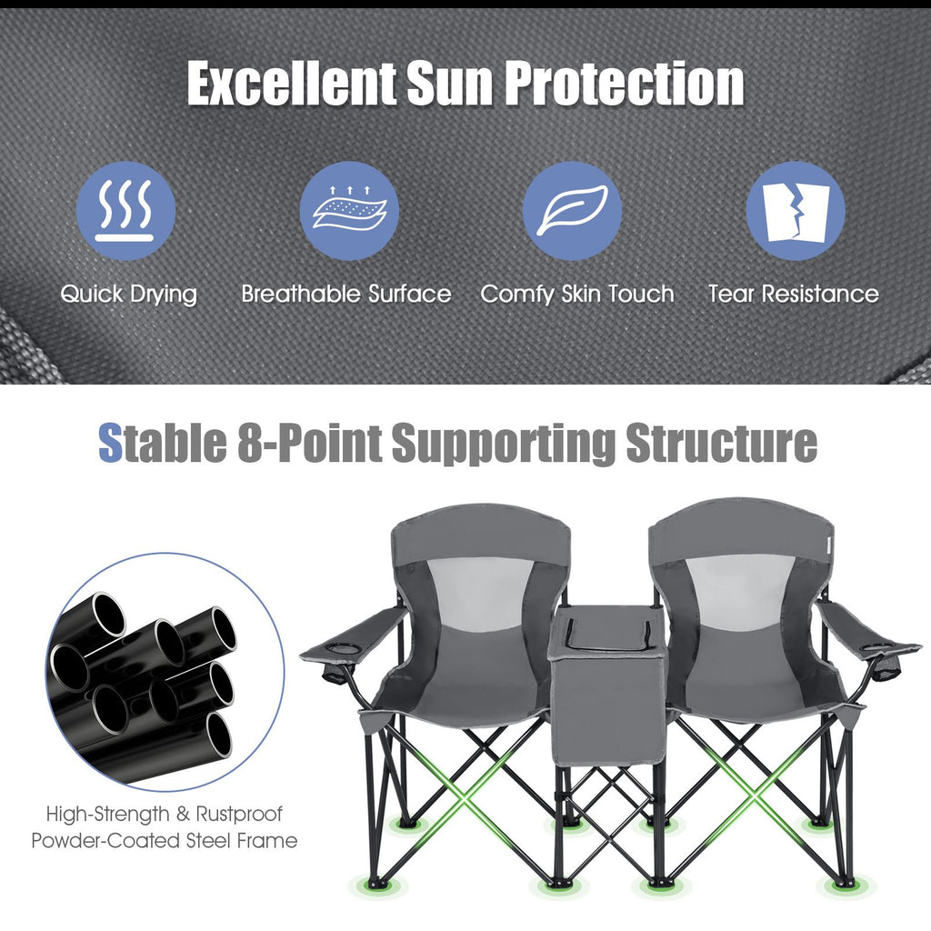 Double Folding Camping Chair with Canopy and Armrests