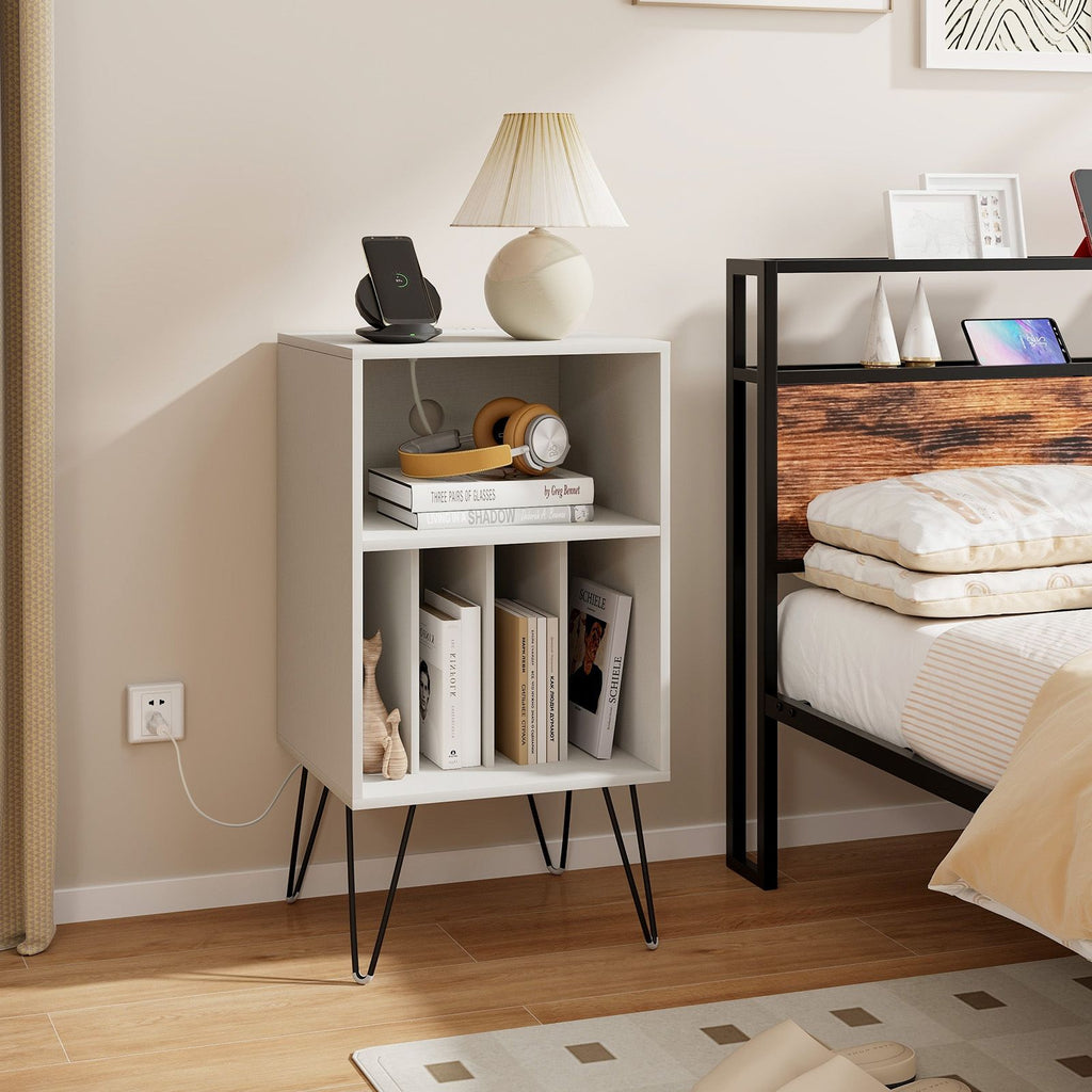 3-Tier Record Player Stand with Charging Station Shelf and 4 Dividers