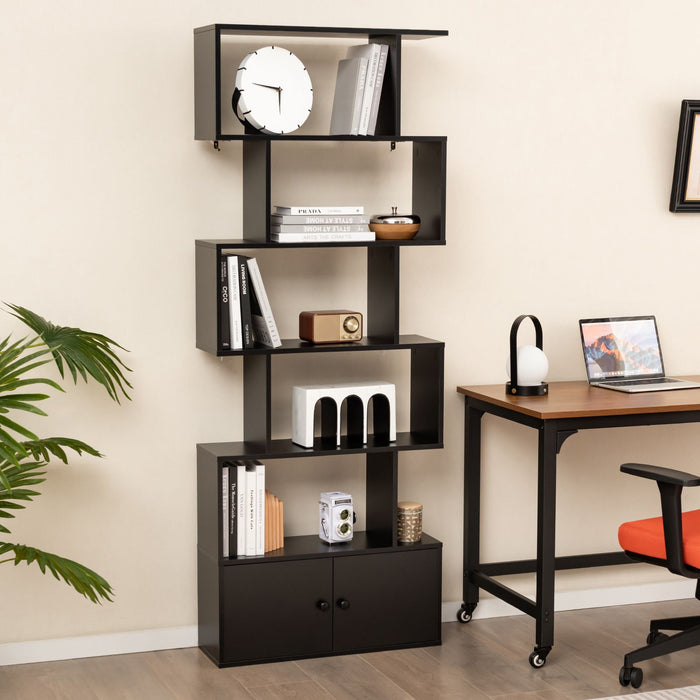 Industrial S-Shaped 5-Tier Bookcase with Cabinet