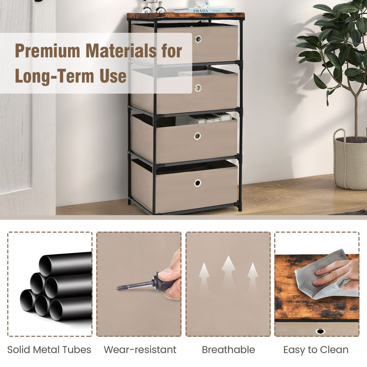 4-Tier Fabric Dresser with Drawers and Metal Frame