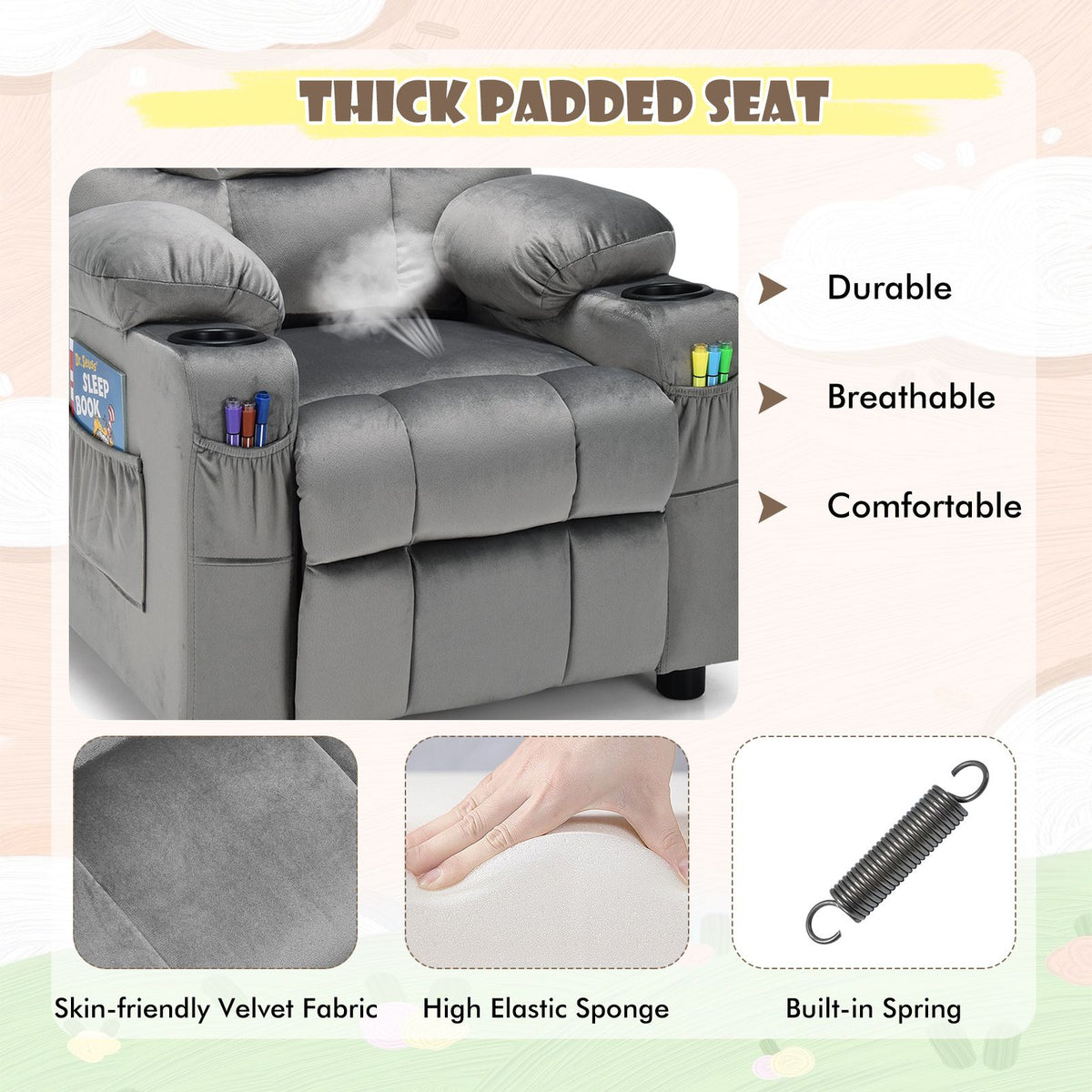 SEDOL Deluxe Larger Kids Recliner Armchair with Dual Cup Holders and Storage Pockets Premium Velvet Children’s Lounge Chair with 130° Adjustable Backrest & Pine Wood Frame