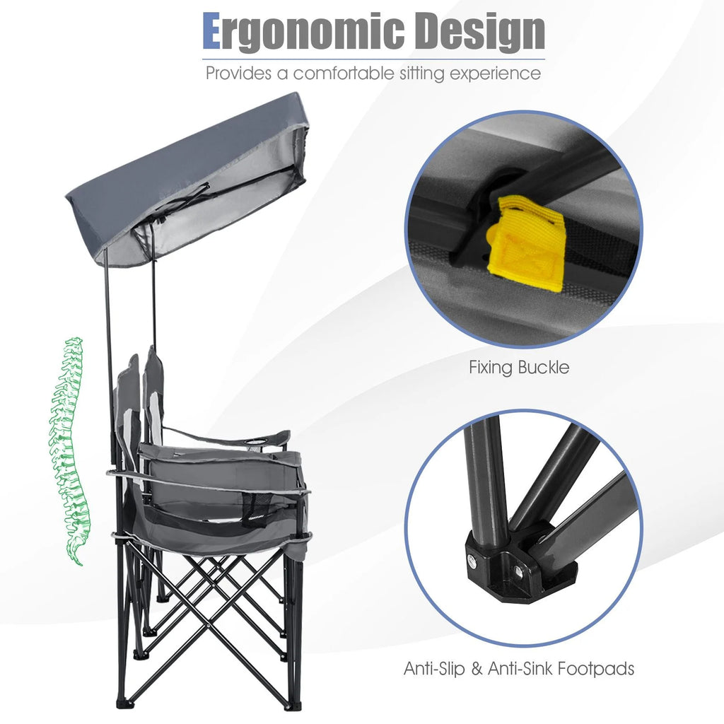 Double Folding Camping Chair with Canopy and Armrests