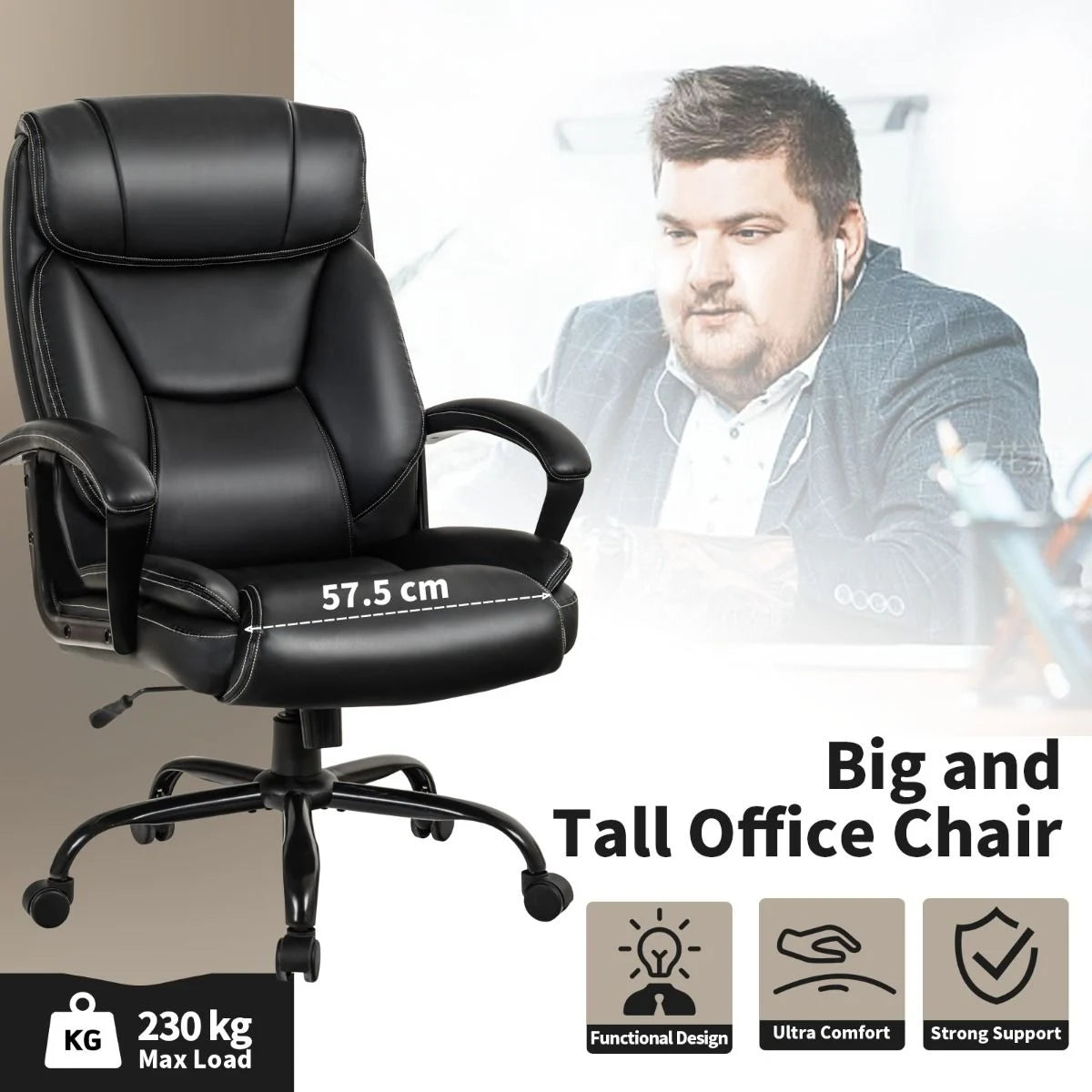 Executive Office Chair Height Adjustable Leather Computer Desk Chair with Rocking Backrest