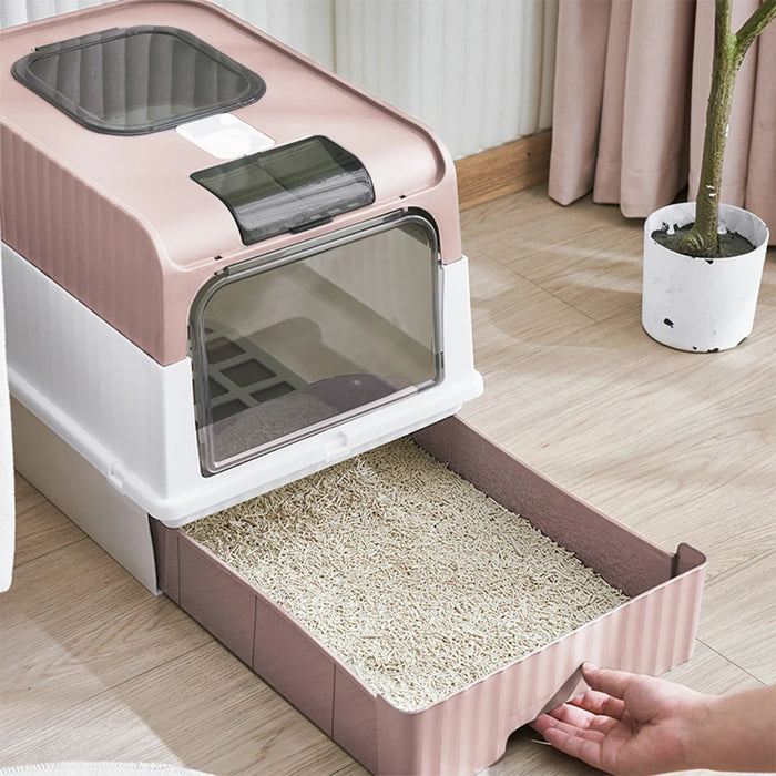 UV Sterilising Cat Litter Box – Fully Enclosed Large Capacity Litter Tray with Top Entry, Front Exit, Drawer Design & Scoop