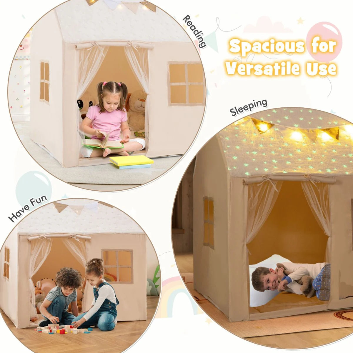 SEDOL Kids Play Tent with Glow-in-the-Dark Stars & Padded Mat Beige Indoor Playhouse with Fairy Lights and Bunting for Toddlers Nursery and Sensory Corner