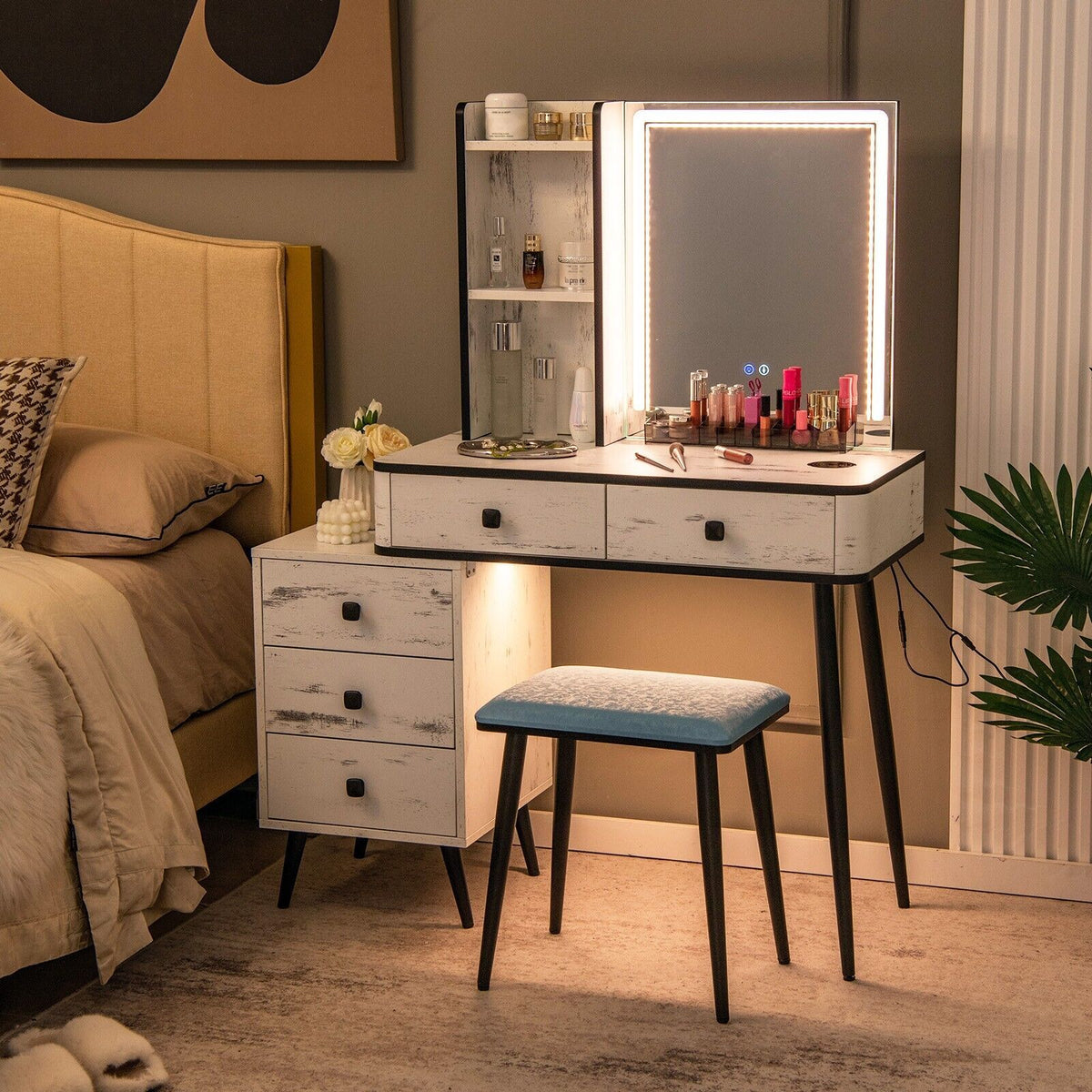 Vanity Table Set with 3-Color LED Lights Mirror and Charging Station