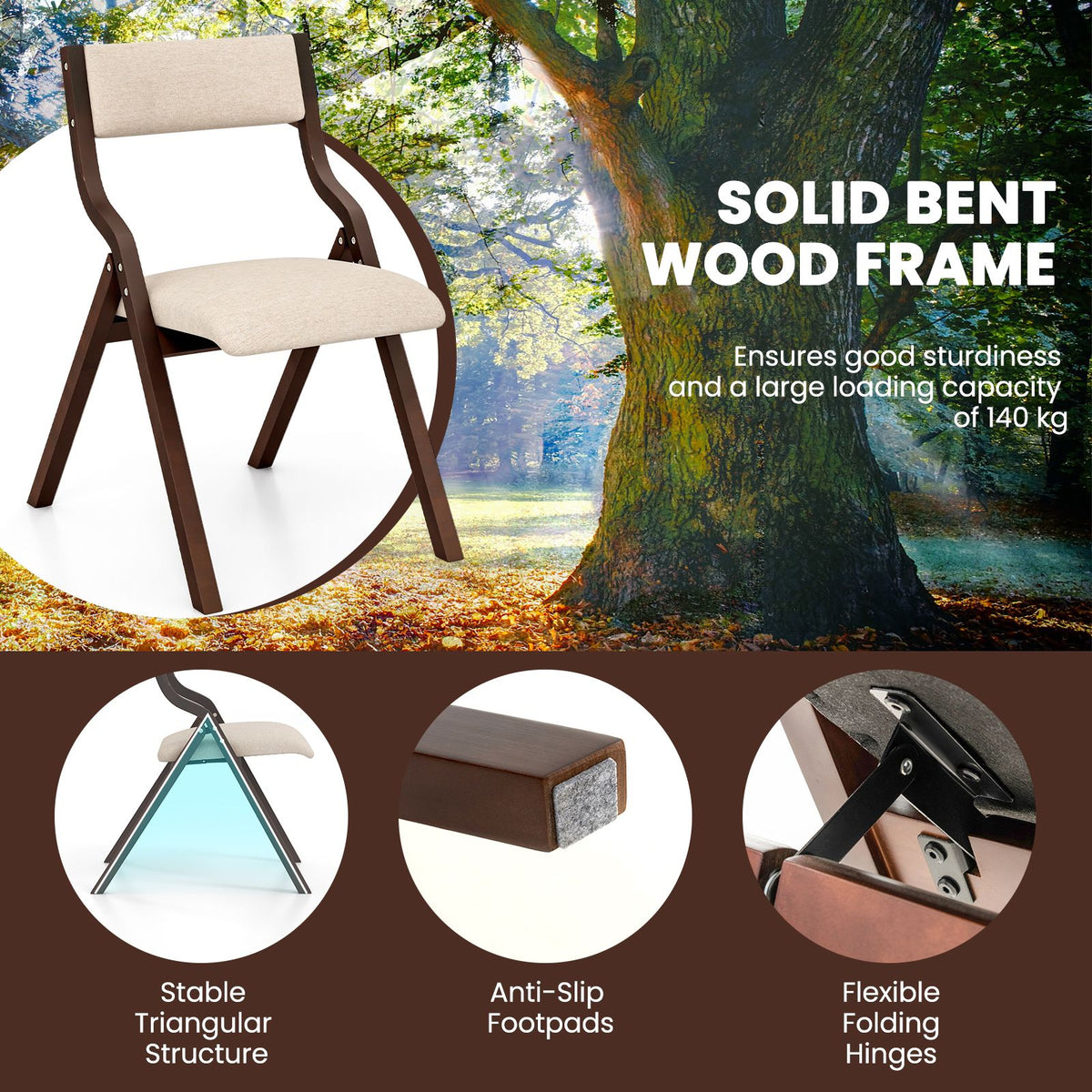 Folding Dining Chair Set of 2 with Solid Wood Frame and Padded Seat