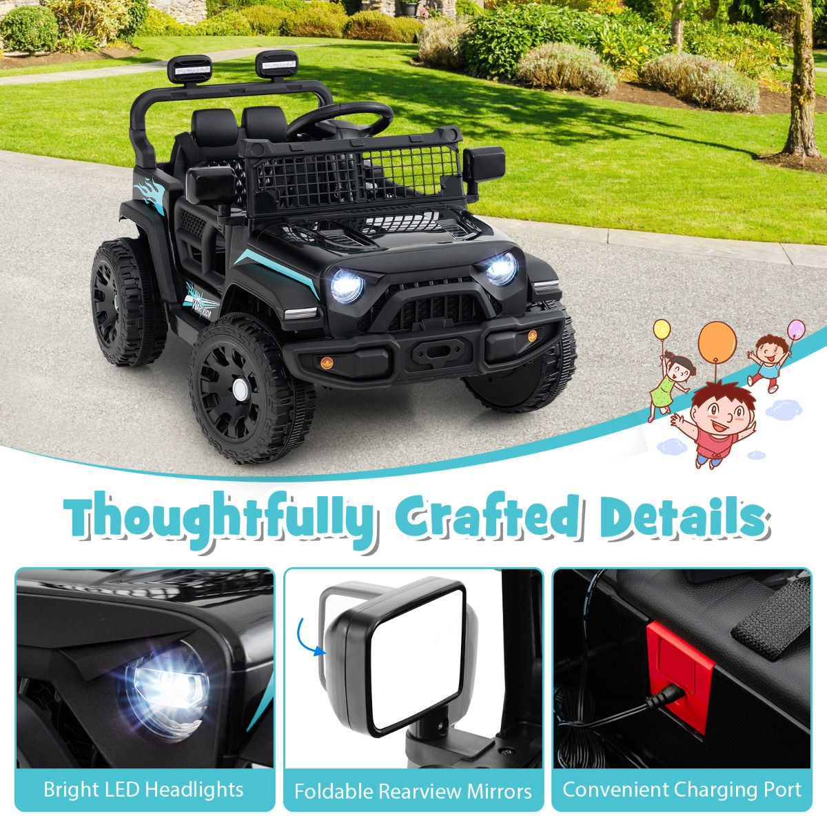 SEDOL 12V Electric Ride-On Truck for Kids with Parental Remote Control Dual 25W Motors All-Terrain Shock Absorbers LED Headlights and Soft-Start Safety System