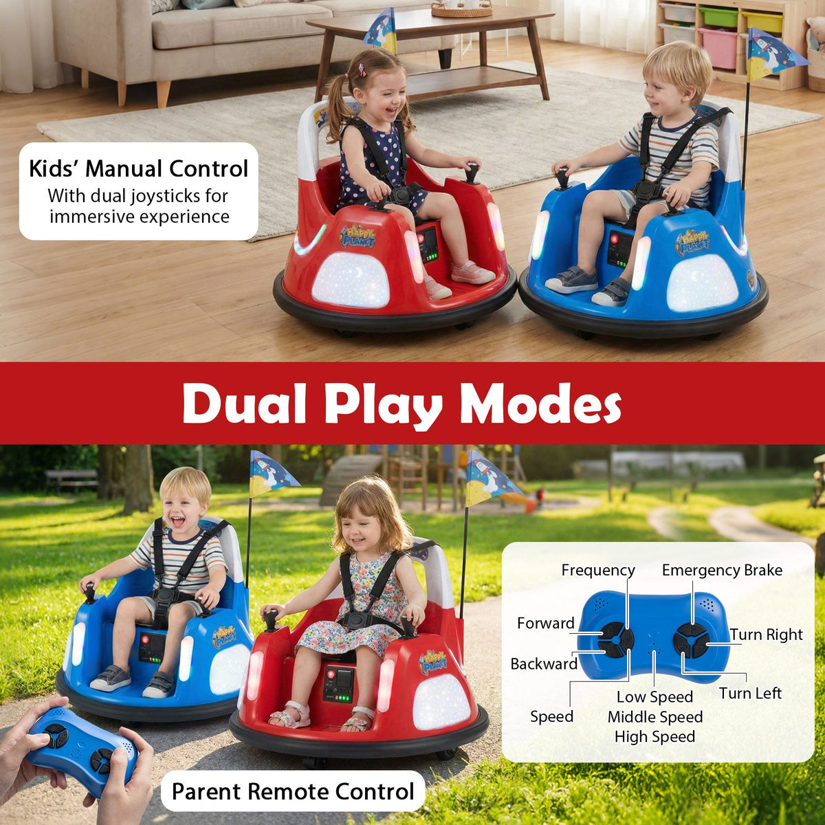 SEDOL 12V High-Performance Kids Bumper Car with 5-Point Safety Harness 360° Zero-Turn Dual Joysticks Parental Remote Control and 5-Mode LED Light Show