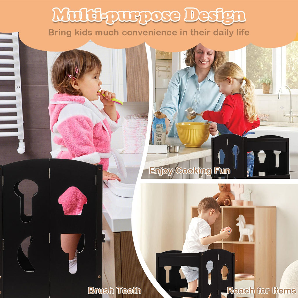 SEDOL Folding Montessori Learning Tower for Toddlers Space-Saving Height Adjustable Kitchen Helper Stool with Safety Latches and Full-Surround Guardrails
