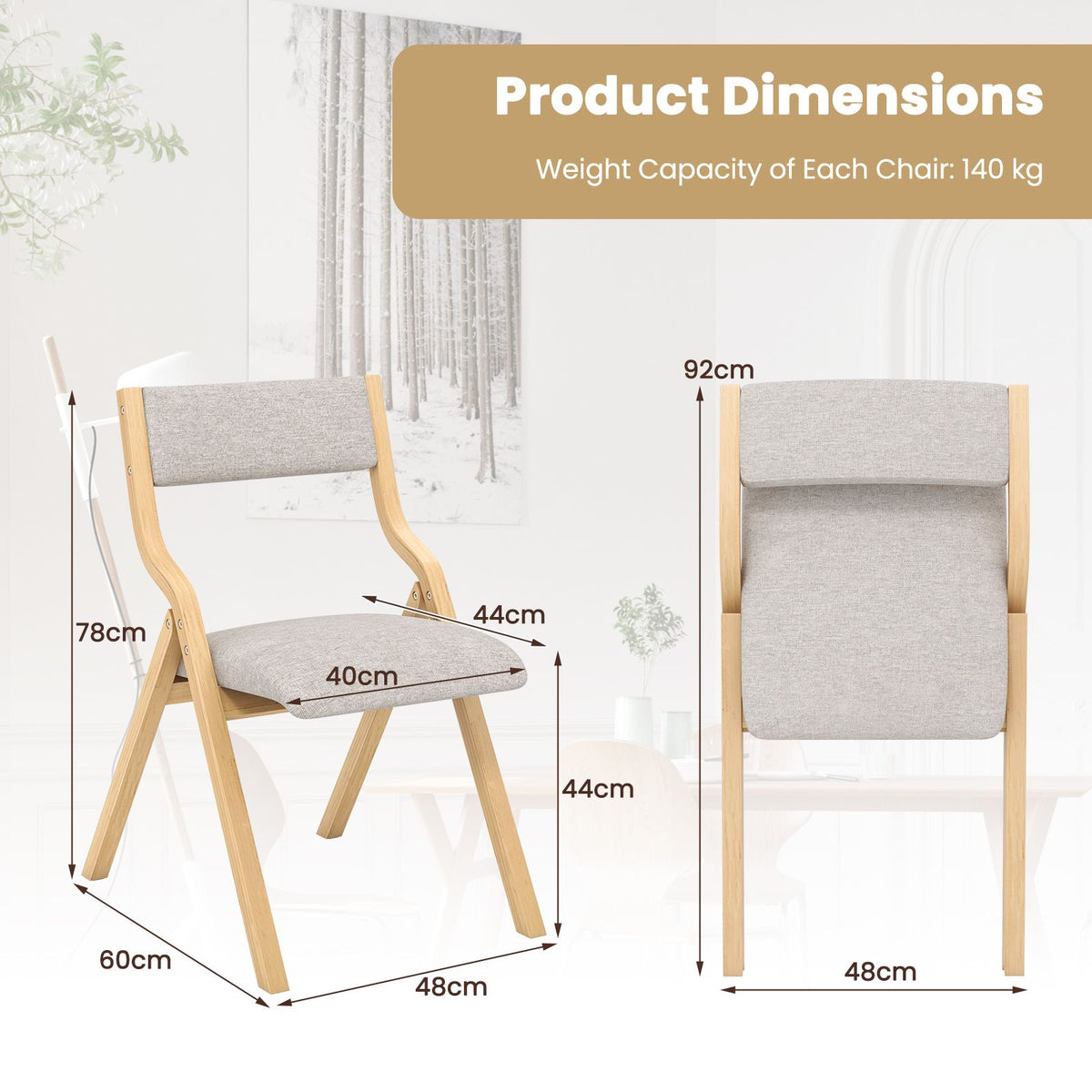 Folding Dining Chair Set of 2 with Solid Wood Frame and Padded Seat