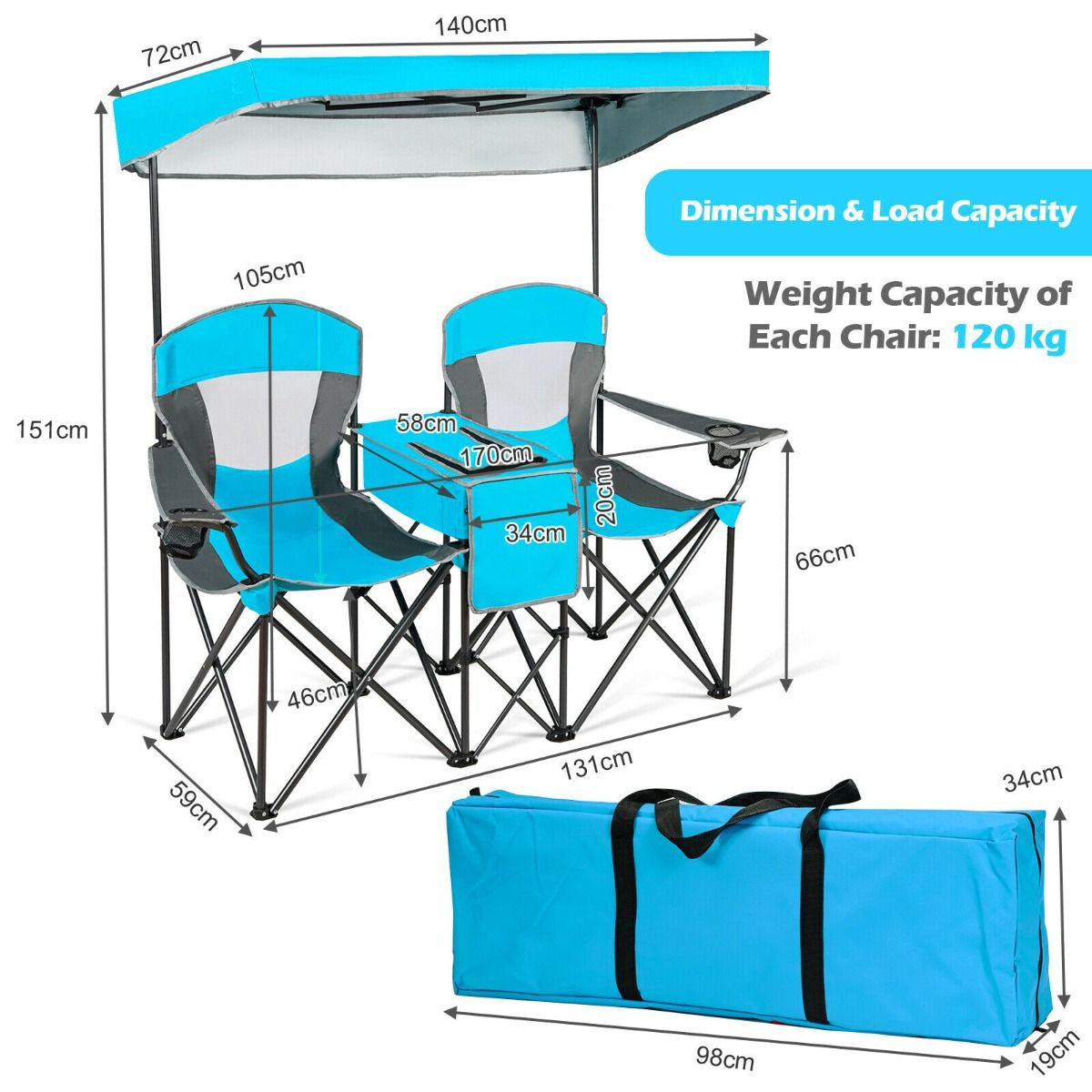 Double Folding Camping Chair with Canopy and Armrests
