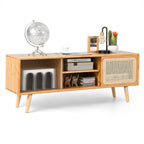 Bamboo Entertainment Center with Rattan and Tempered Glass Sliding Doors