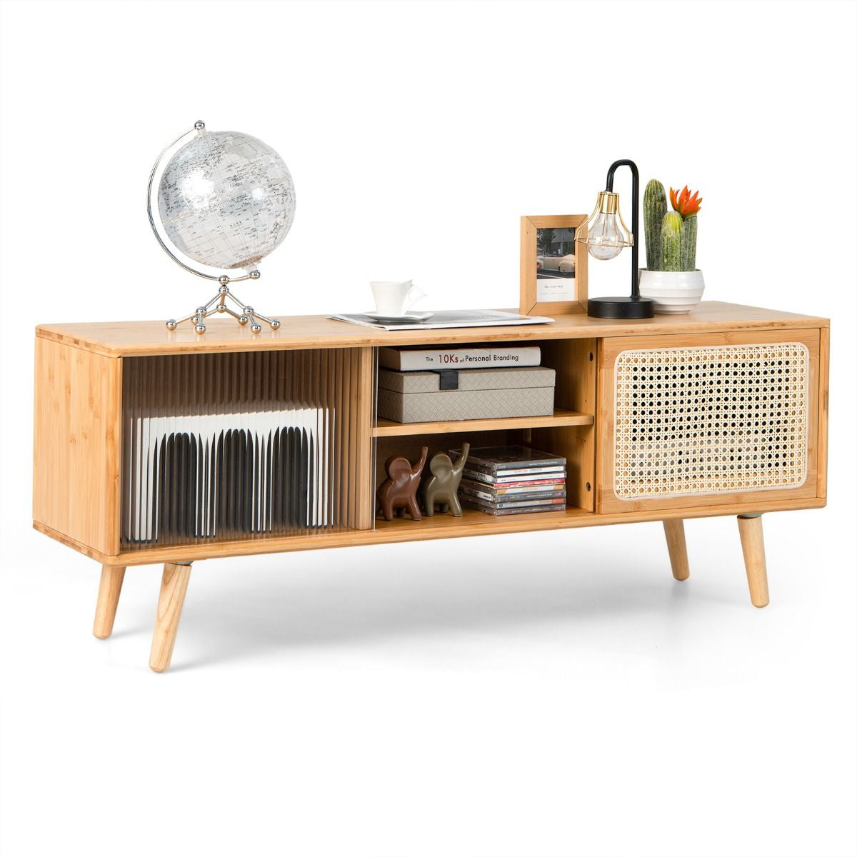 Bamboo Entertainment Center with Rattan and Tempered Glass Sliding Doors