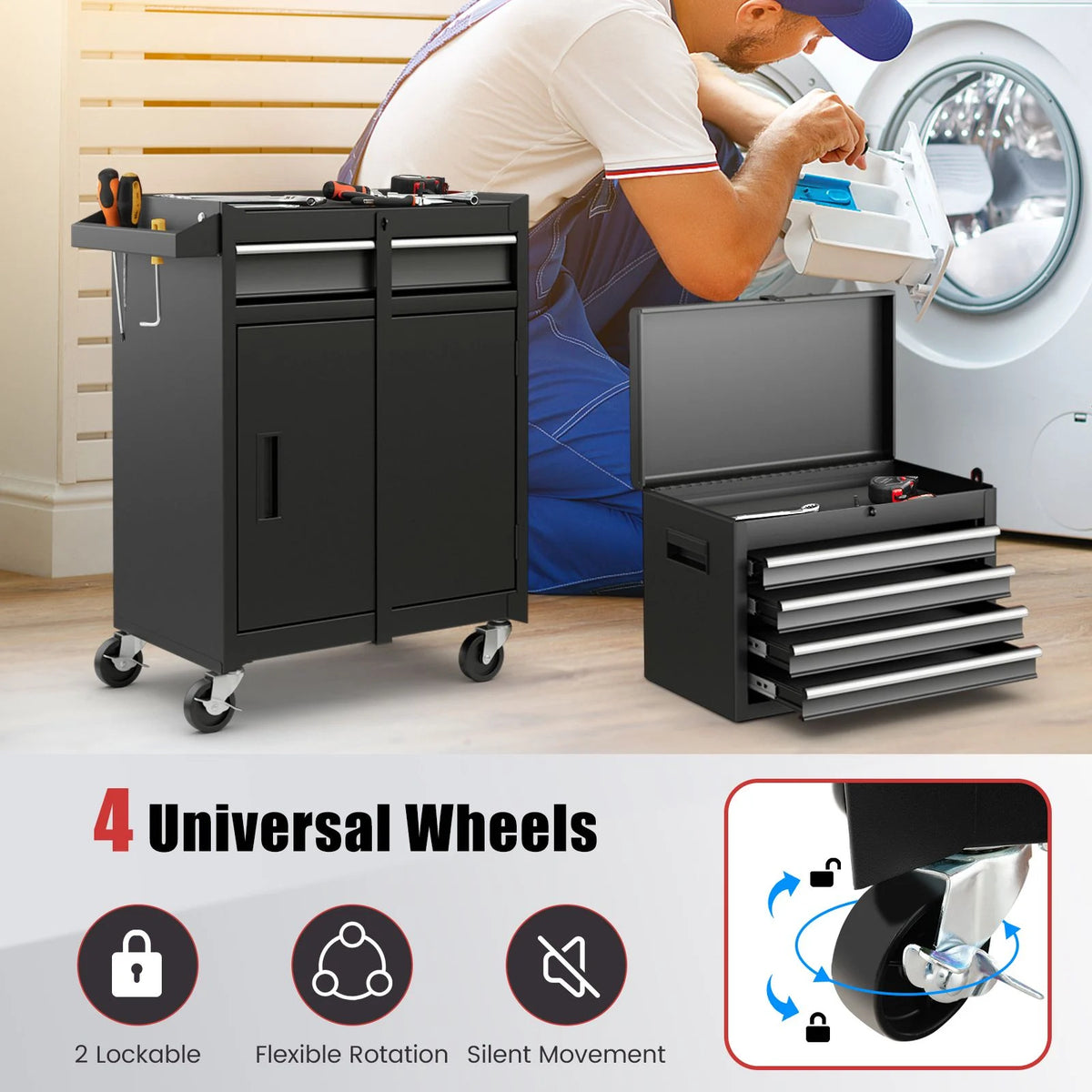 High-Capacity Rolling Tool Cabinet – Lockable Wheels, Metal 2‑in‑1 Chest & Base