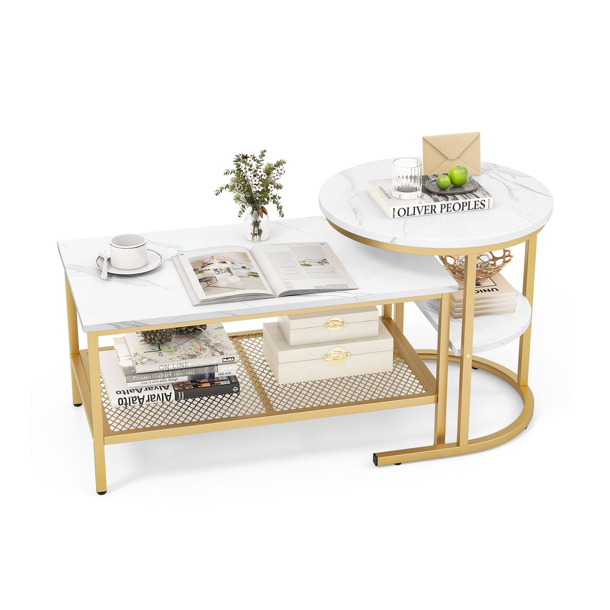 Set of 2 Nesting Coffee Table with Extra Storage Shelf