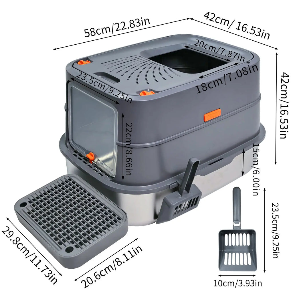 XL Stainless Steel Cat Litter Box – Enclosed Large Litter Tray with Lid, Front Entry & Top Exit Toilet Box