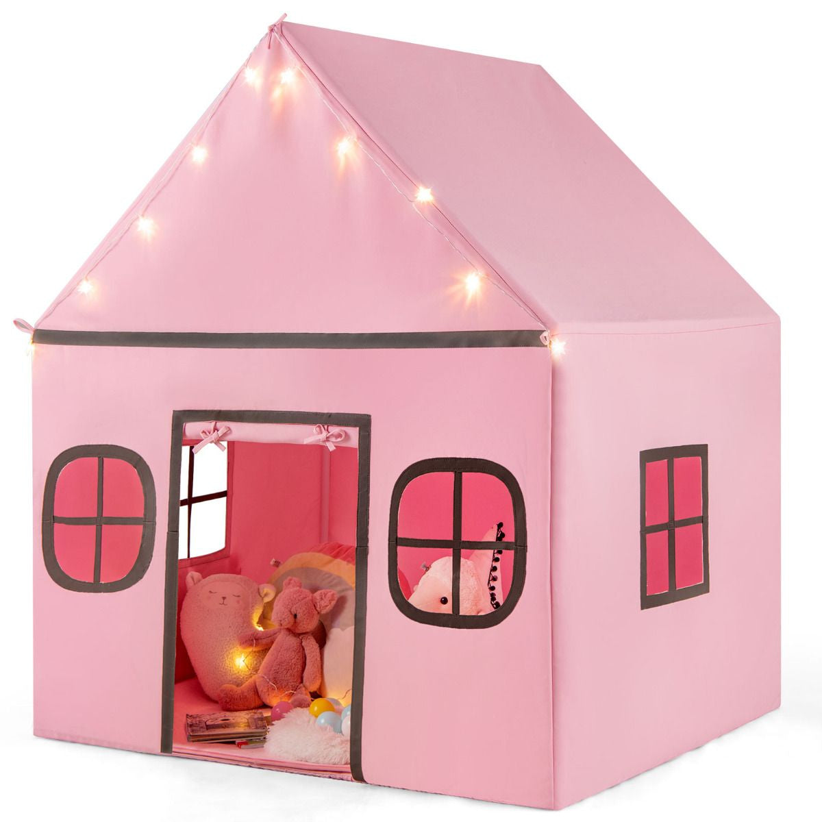 SEDOL Large Indoor Kids Playhouse with Plush Coral Velvet Mat and LED Star Lights Breathable Cotton-Blend Play Tent with Storage Pockets for Reading and Napping