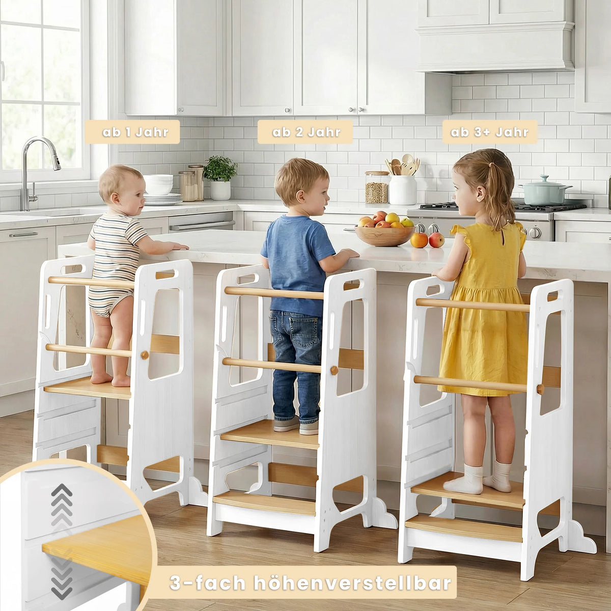SEDOL 3-Level Adjustable Montessori Learning Tower for Toddlers 12+ Months Stable Wooden Kitchen Helper Stool with Anti-Wobble Stabilizers and Reinforced Safety Bars – Natural Pine