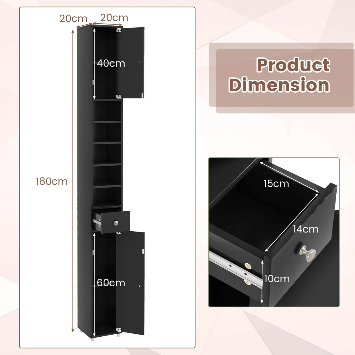 180CM Tall Freestanding Bathroom Cabinet with 2 Doors and 1 Drawer