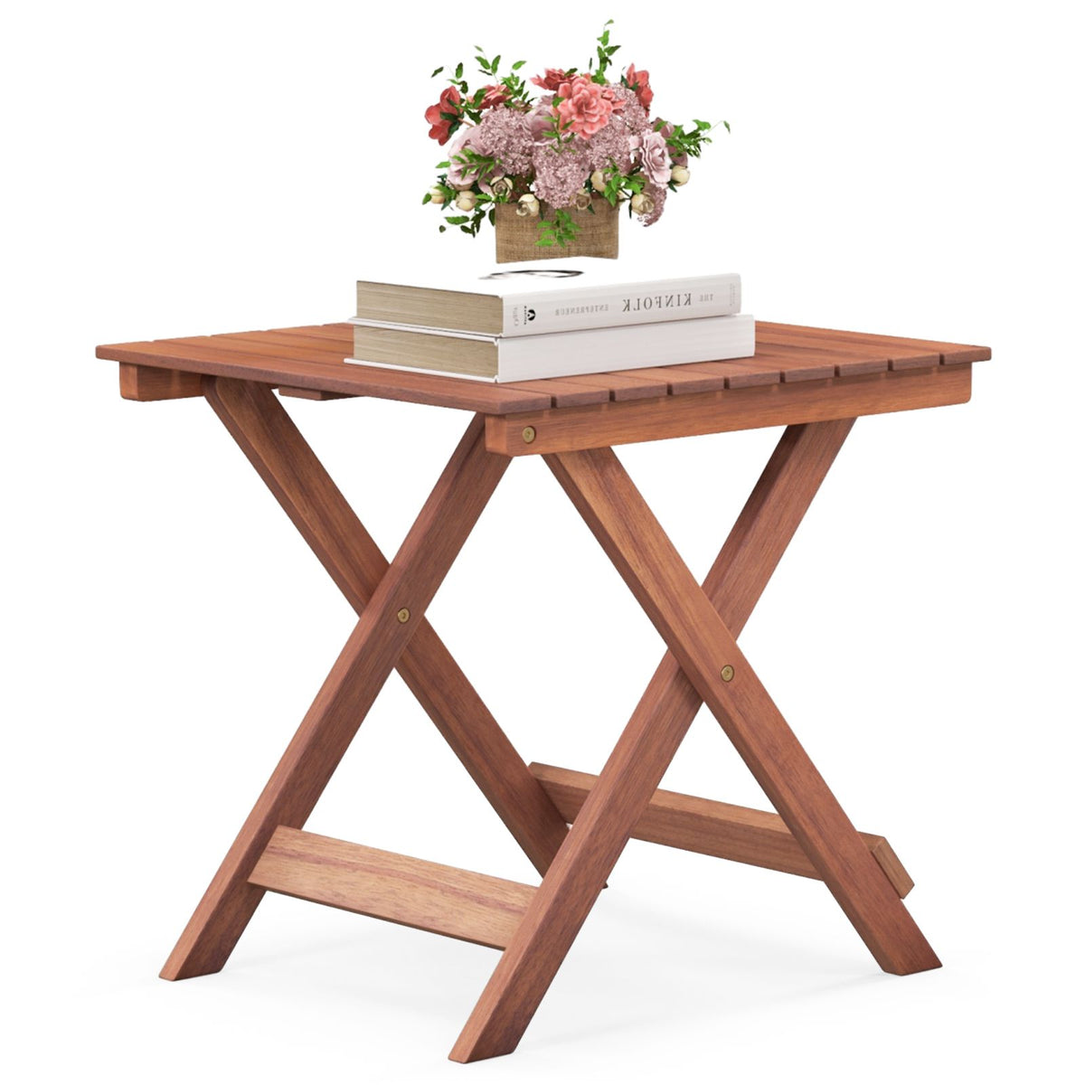 Wooden Side Table with Slatted Tabletop and Sturdy X-Shaped Frame