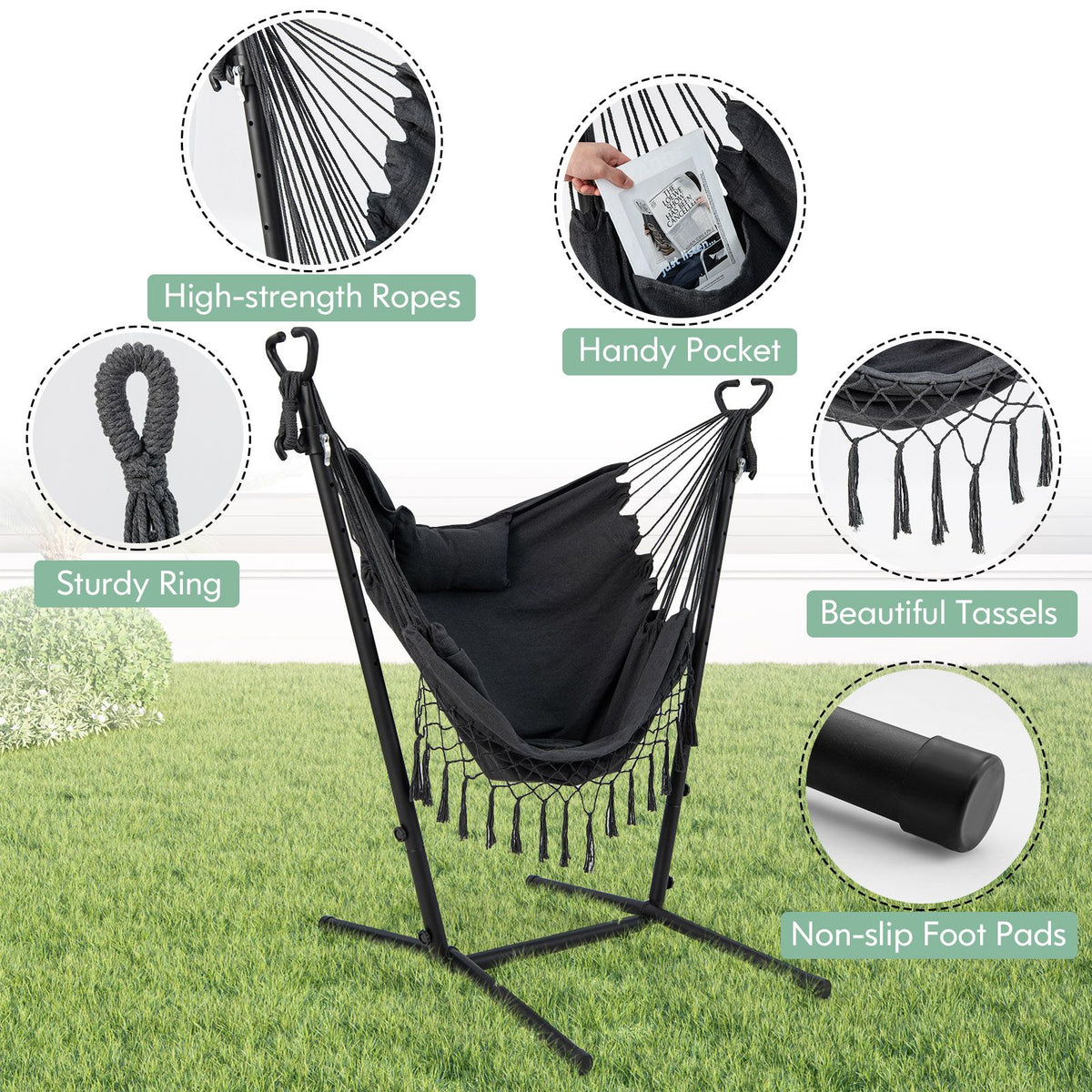 Hammock Chair with Stand – Adjustable Height, Phone Holder & Boho Tassels