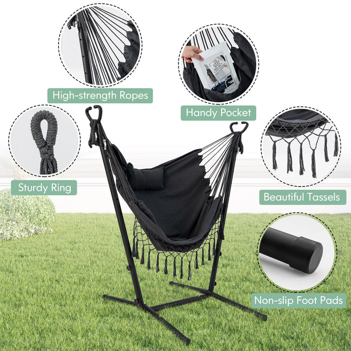 Hammock Chair with Stand – Adjustable Height, Phone Holder & Boho Tassels