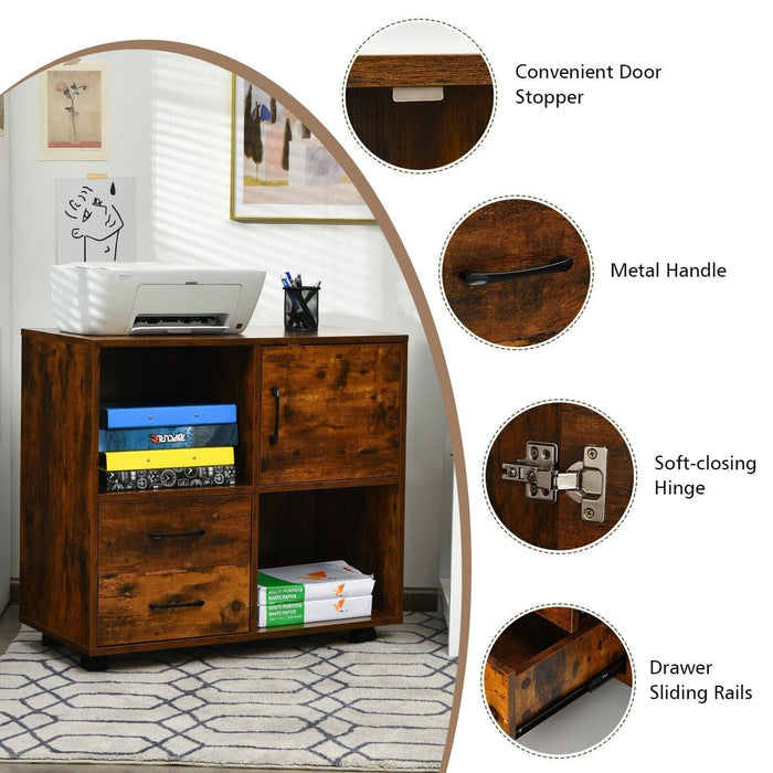 Home Office Mobile File Cabinet with 2 Drawers 2 Open Shelves and Door