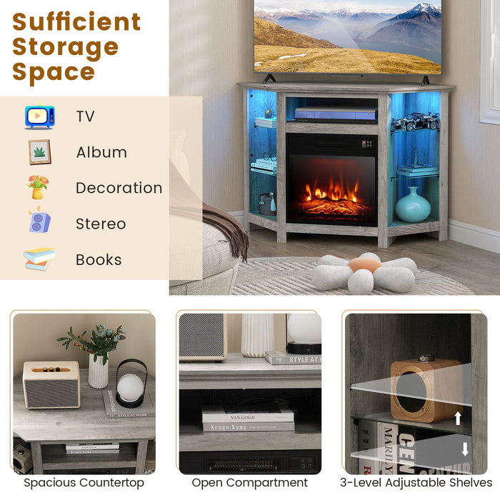 Corner TV Stand with Fireplace Insert and LED Lights