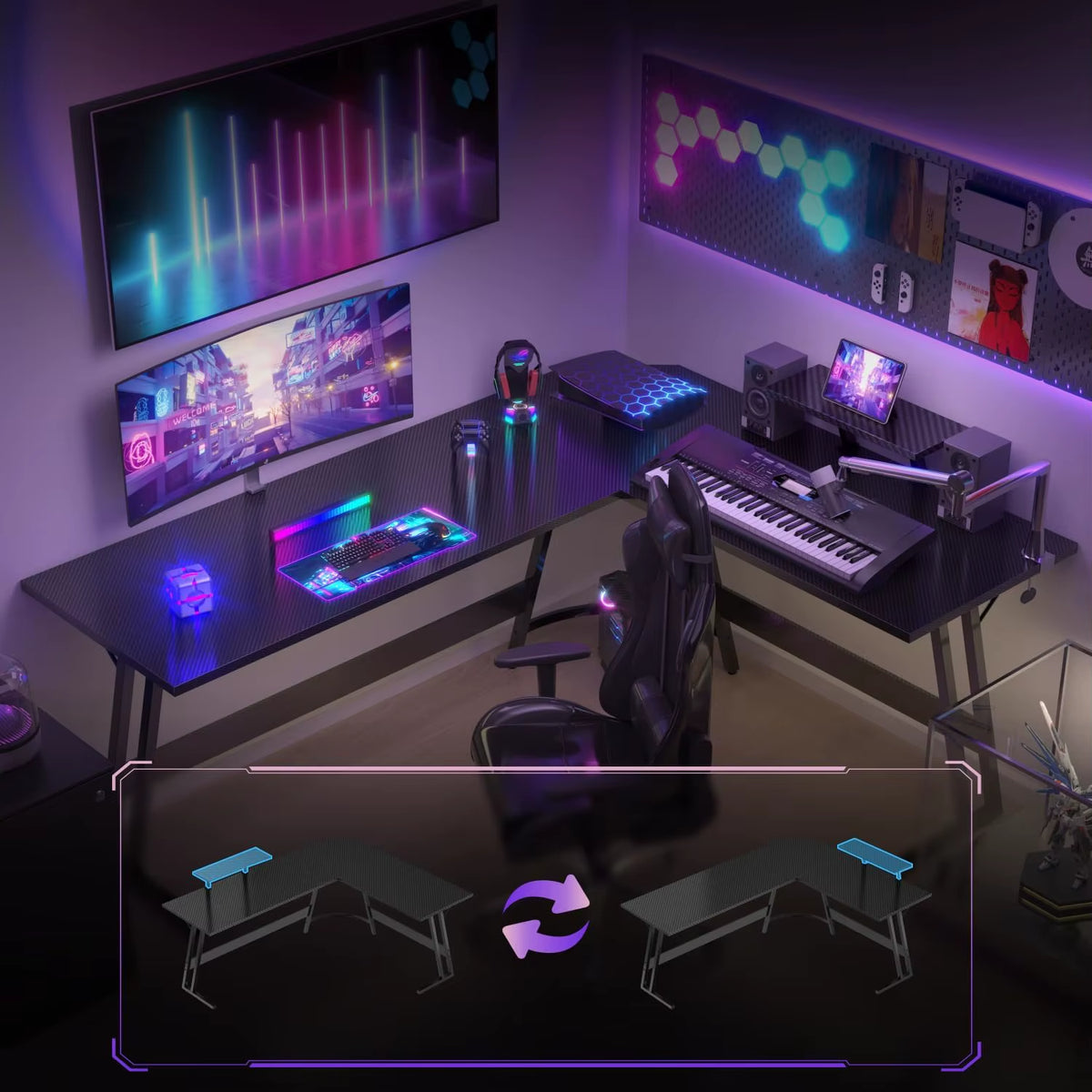 L Shaped Gaming Desk 150X130X75Cm with Removable Monitor Stand, Corner Computer Desk Large PC Writing Table for Home and Office