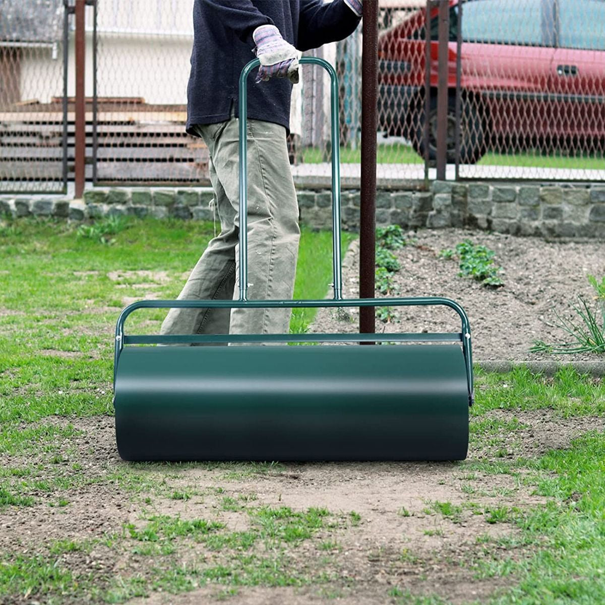 63 L Heavy-Duty Lawn Roller – Steel Garden Grass Roller with U‑Handle & Drain Plug