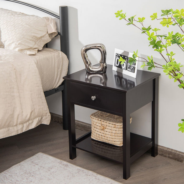 2 Pieces Wooden Nightstand with Drawer and Storage Shelf