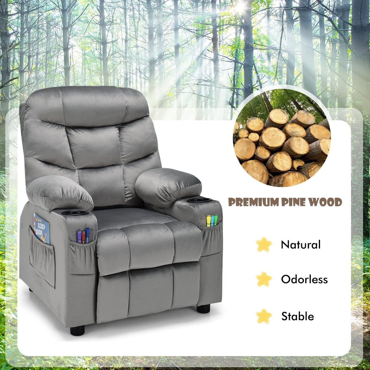 SEDOL Deluxe Larger Kids Recliner Armchair with Dual Cup Holders and Storage Pockets Premium Velvet Children’s Lounge Chair with 130° Adjustable Backrest & Pine Wood Frame